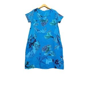 Colette 100% Linen Italy Lagenlook Shift Dress Floral Beachy Pockets One Size